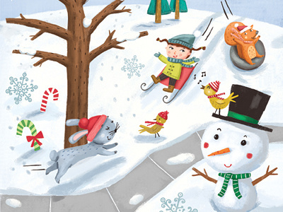 Somersaults Magazine Cover bird birds childrens illustration christmans scene holiday kids illustration kids playing in snow magazine cover outdoor scene sledding snow snowflakes snowman squirrel winter scene