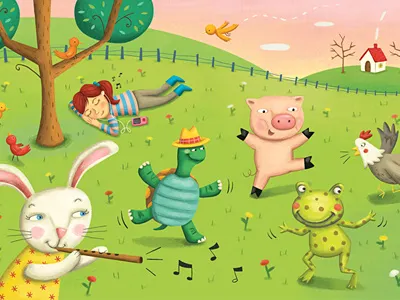 Musical Farm birds book cover chicken childrens illustration farm farm animals farmland field frog girl girl listening to music girl resting green field kids illustration lawn magazine cover meadow musical farm pig rabbit turtle