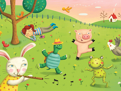 Musical Farm birds book cover chicken childrens illustration farm farm animals farmland field frog girl girl listening to music girl resting green field kids illustration lawn magazine cover meadow musical farm pig rabbit turtle