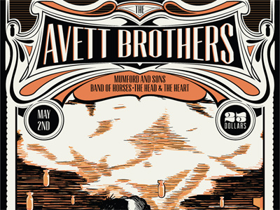 Gig Poster avett brothers band poster black bombs gig poster illustration orange poster retro sketch texture typography vintage wood cut