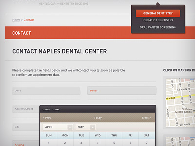Contact Page black breadcrumb brown calender contact dental dentist drop down form grey map navigation orange ui ux web design website design