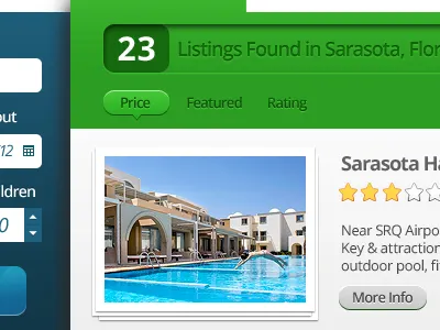 PO Results app button date dial fields gallery hotel layout listings page photo price ratings results search sort by web design website