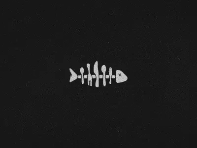 Fish Food v2 bones brand eat fin fish fork knife logo mark restaurant skeleton spoon swim