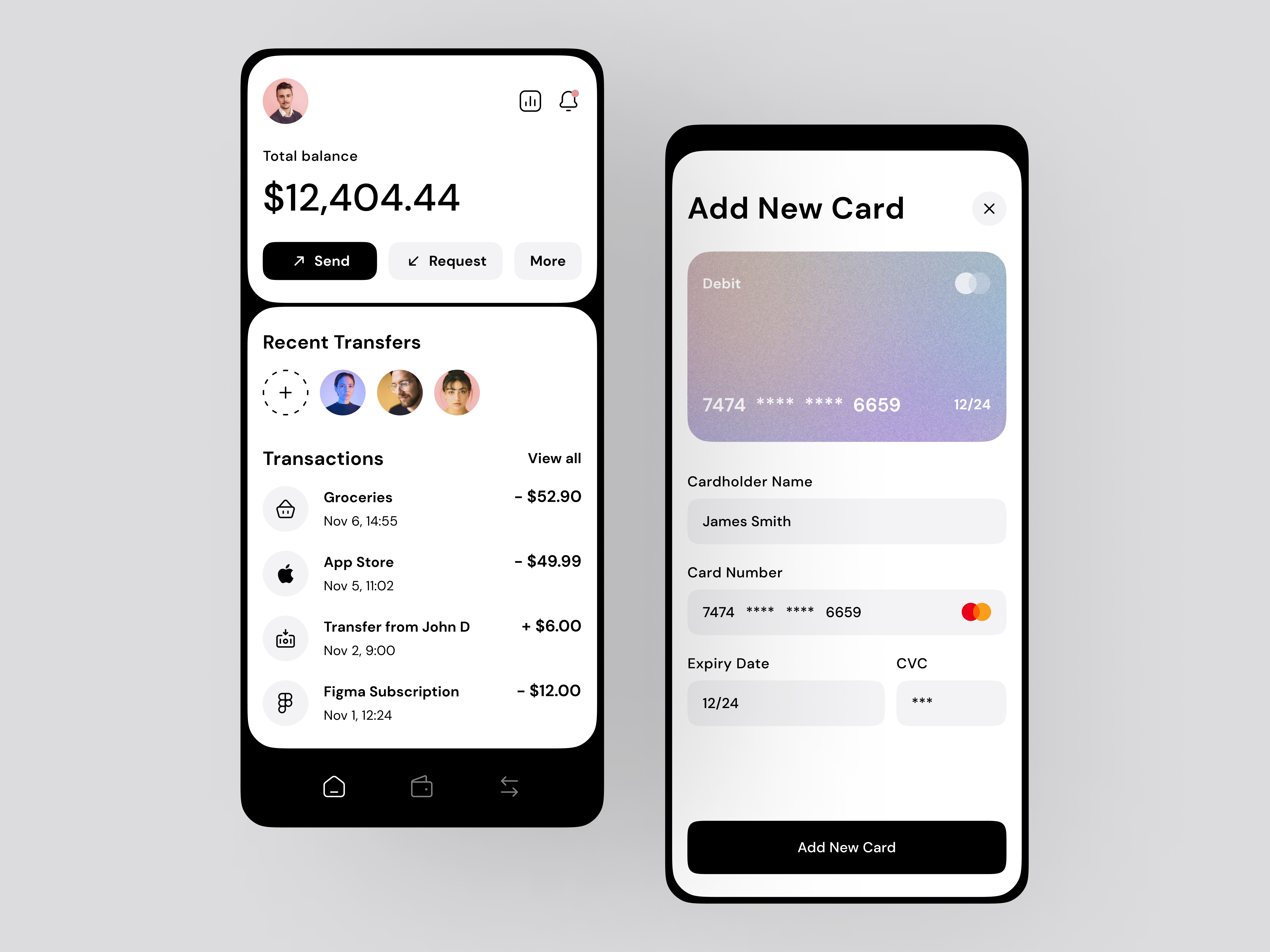 Digital Wallet App app black box button card checkout clean creditcard dark dashboard finance form home list modal money popup ui violet wallet