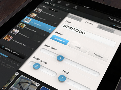 Dashboard - Realtor Project black blue dashboard device grey homes interface ios ipad mobile photos realtor tabs ui white