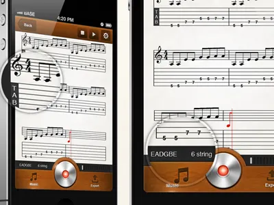 Mobile guitar application application guitar interface ios iphone loupe menu mobile music playing record sheet tabbar tabs texture uit ux wood wooden