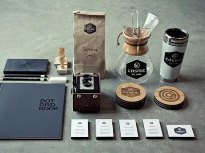 Cosmic Brand Kit brand camera cards chemex coasters coffee cosmic dot grid kit pencils print