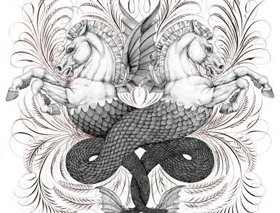 Seahorses calligraphy flourishing greek horse illustration nautical pen seahorse