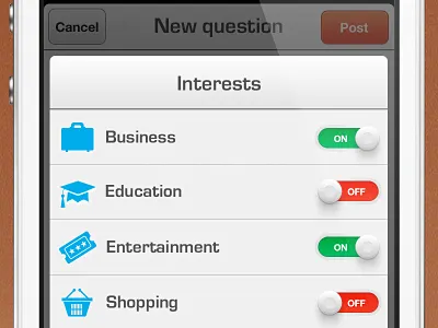 Interests asknative green grey icons interests ios photoshop red toggles ui