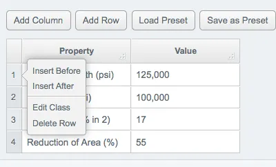 Table Builder - Row Menu