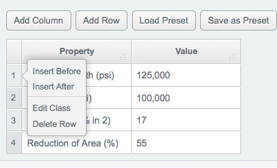 Table Builder - Row Menu