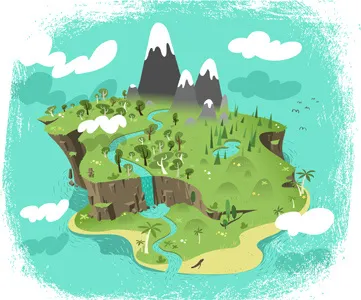 Paradise art beautiful cartoon character clouds commission design doodlemachine drawing forest illustration island land landscape map mascot ocean river robot rock scene trees vector waterfall website