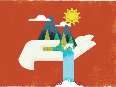 Hand earth eco green hand illustration nature sun trees waterfall