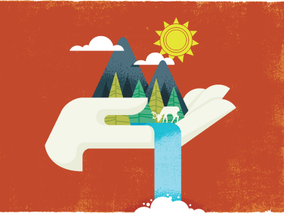 Hand earth eco green hand illustration nature sun trees waterfall