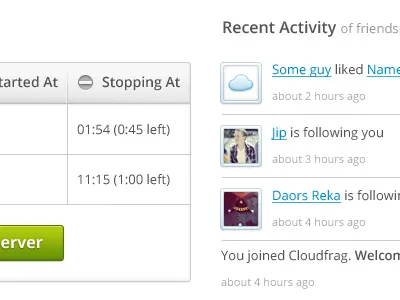 Dashboard Cloudfrag activity cloudfrag dashboard server table
