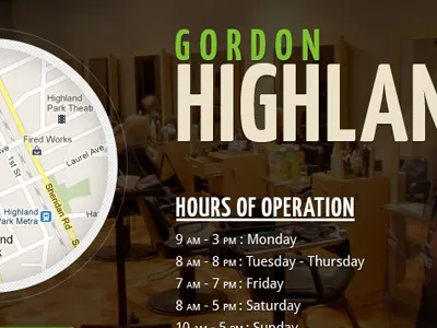Gordon Salon background image hair salon hours large image large typography location map typography