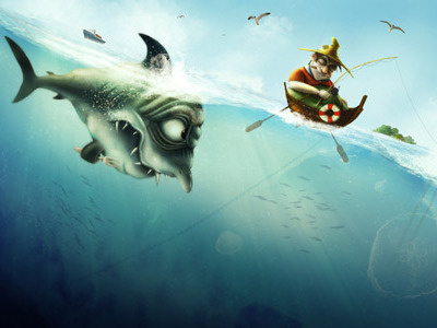 Fishing boat fish fisher fishing illustration sea shark sleep