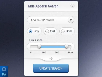 Kids Apparel Search button call to action download drop down e commerce form input field price range psd radio search