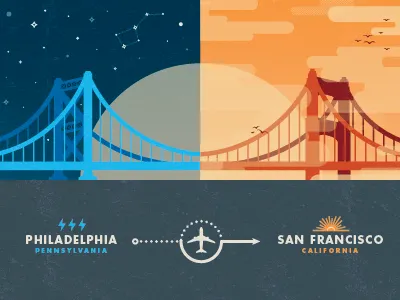 East Coast vs. West Coast airplane birds bolt bridge california clouds east coast lightning pennsylvania philadelphia san francisco stars texture vector west coast