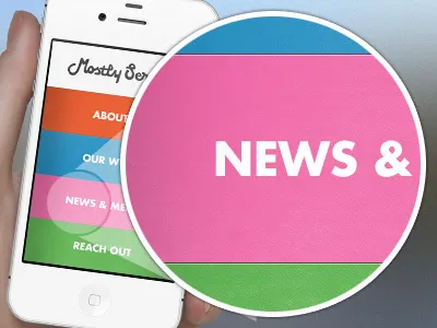 Mostly Serious Mobile Landing Page blue bold button custom drawn futura green hand interactive ios iphone marketing mobile mostly serious orange pink portfolio script template ui website