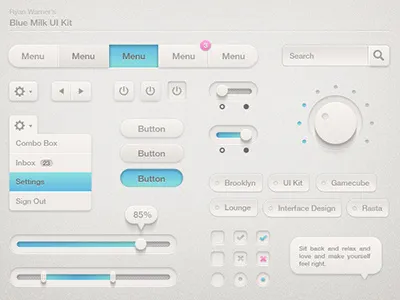 Blue Milk UI Kit blue button checkbox dial interface light menu navigation radio button search settings sliders soft switch tags ui kit