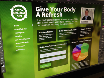 Detox Healing Diet Homepage v1 background image clean detox full screen graph green healing homepage landing page mean open sans photoshop sidebar nav
