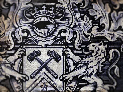 Dirty Money antique banner coat of arms crest engraving etching hammer heraldic heraldry illustration knight lion lions mantling money retro shield simon frouws south africa star the famous frouws vintage woodcut