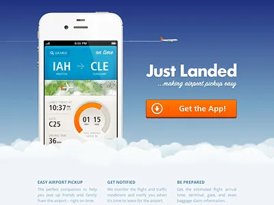 Introducing Just Landed airline airplane clouds css3 html5 ios iphone just landed landing page sky web design website