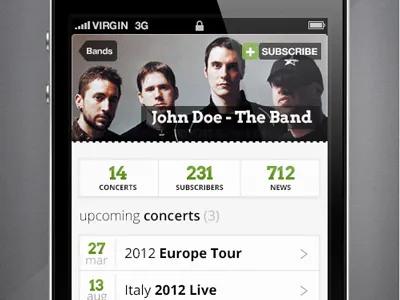 Music Band - iPhone app app date and time green and black green and grey iphone iphone app iphone header iphone list iphone tabs list design music app music app design subscribe ui