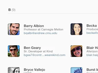 "B" address address book company contact email grid view people productivity search
