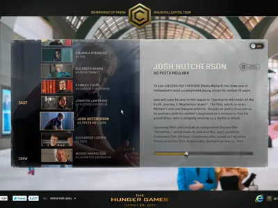 Cast & Crew bar capitol tour cast crew glass gold html hunger games menu mouse overlay rollover scroll switch ui