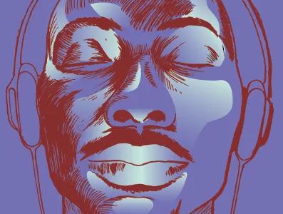 portrait of Listener with color black face headphones music portrait