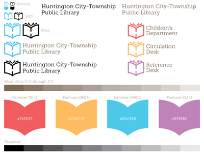 Library Branding Sheet blue book brand branding branding guide branding sheet guide library logo logomark mark purple red sheet warm gray yellow