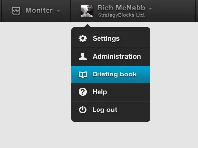 iPad menu concept (WIP) dark dark interface dark ui dashboard drop down menu dropdown menu icons interface ipad ipad app log log out menu monitor navigation select select menu toolbar ui