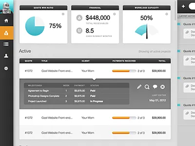 quoterobot v2 dashboard chart dash dashboard gauge invoice list project management quote quoterobot table