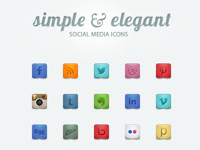 Simple & Elegant Social Media Icons behance blogger delicious designfloat deviantart digg dribbble email evernote facebook flickr google plus icons instagram last.fm linkedin myspace path picasa pinterest posterous reddit rss soundcloud stumbleupon tumblr twitter vimeo wordpress youtube