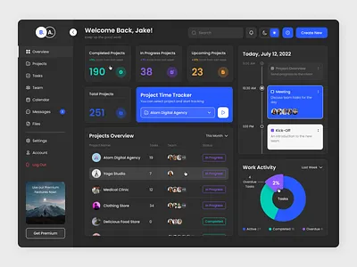 Project Management Platform analytics calendar chart corporate calendar dark dashboard design donut chart elinext graph growth night pm project management table task management tasks time tracker ui ux