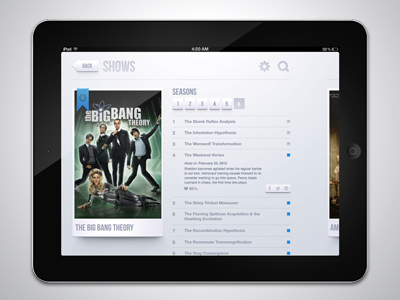Tv Shows app - Detail app application big bang theory clean design detail grid ios ipad items list menu minimal minimalist movies new photoshop series shadows shelf shows television tv white