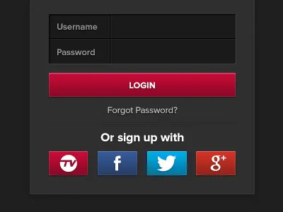 Tevee App Login app buttons facebook fields form google icons ios ipad login plus social tevee tv twitter