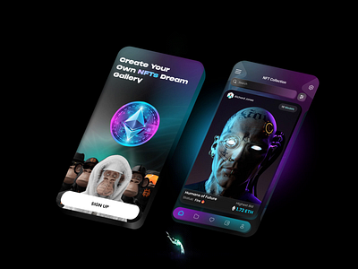 NFT Mobile App Design app cryptoart design ethereum futurictic glassmorphism graphic design minimal mobile nft token ui ux