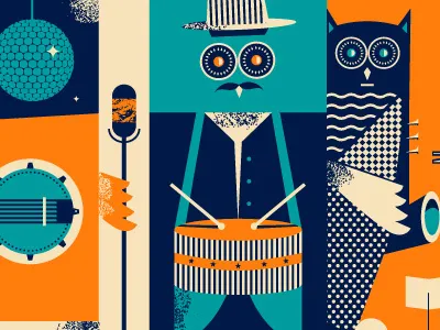 "The Owls" band drummer group illustration jazz microphone music musician owl