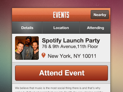 Detailed View app burrrrrrnnnnnnn button design events graphic ios ios5 iphone list location orange retina social ui