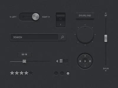 detailed dark Ui black button crisp dark download field free freebie psd scroll search set slider switch table ui user interface volume