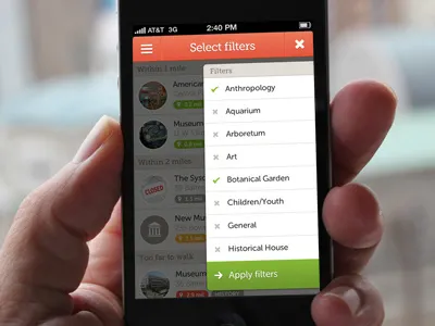 Mused Filters Menu check filters green menu museums orange slide slideout white
