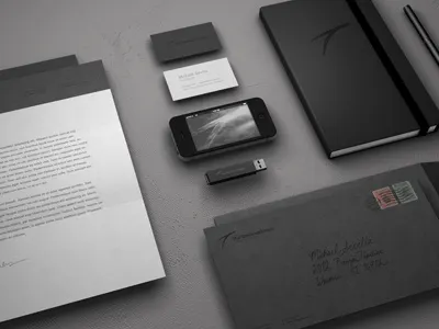 Dark Stationary brand business cards cards corporate dark design envelope flash drive identity iphone moleskin pen stationary