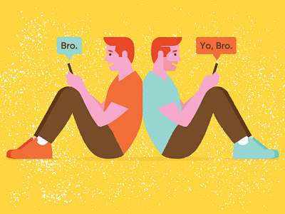 Twins bro brothers chris rooney communication family ginger identical illustration men phone siblings side view sitting smile texting