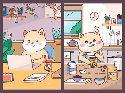 Computer work boba bubble character colorful computer cooking cute dog food illustration inu making shiba shiba inu tea working