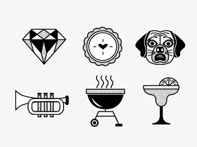 Icons for a special project bbq black and white diamond icons illustration pie puggle trumpet