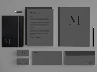 Mirage Identity branding business card corporate identity dark envelope gray grey identity letterhead logo logomark logotype moleskine monochromatic stationary