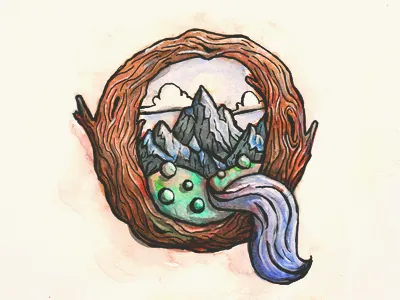 Q hills illustration landscape letter lettering mountains paint q river sketch texture traditional typography watercolor wood